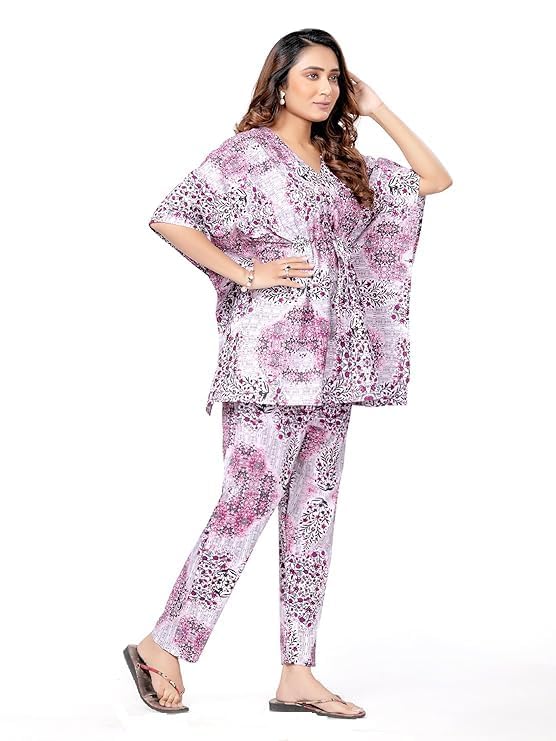 TOUT ENSEMLE Women's Cotton Multicolor Printed Kaftan Co Ord Set with Pocket – Free Size Relaxed Fit Loungewear | Soft & Breathable Nightwear for Home & Sleep (Rani, Free Size) - Image 4