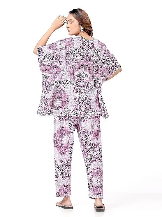 Vlazom Women's 100% Cotton Printed Kaftan & Pyjama Set – Combo Pack of 2 | Free Size Nightwear with Pocket | Soft Cotton Loungewear Co-ord for Women (Rani,Purple, Free Size) - Image 4