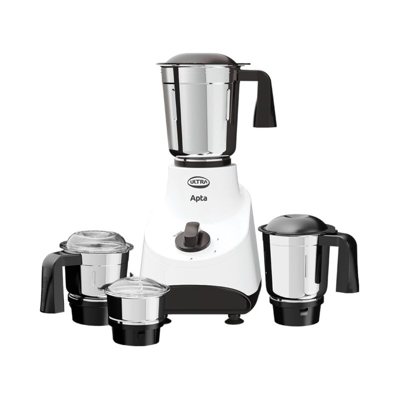 Ultra Apta Mixer Grinder - Double Ball-Bearing Motor 550W, 4 SS Jars -White