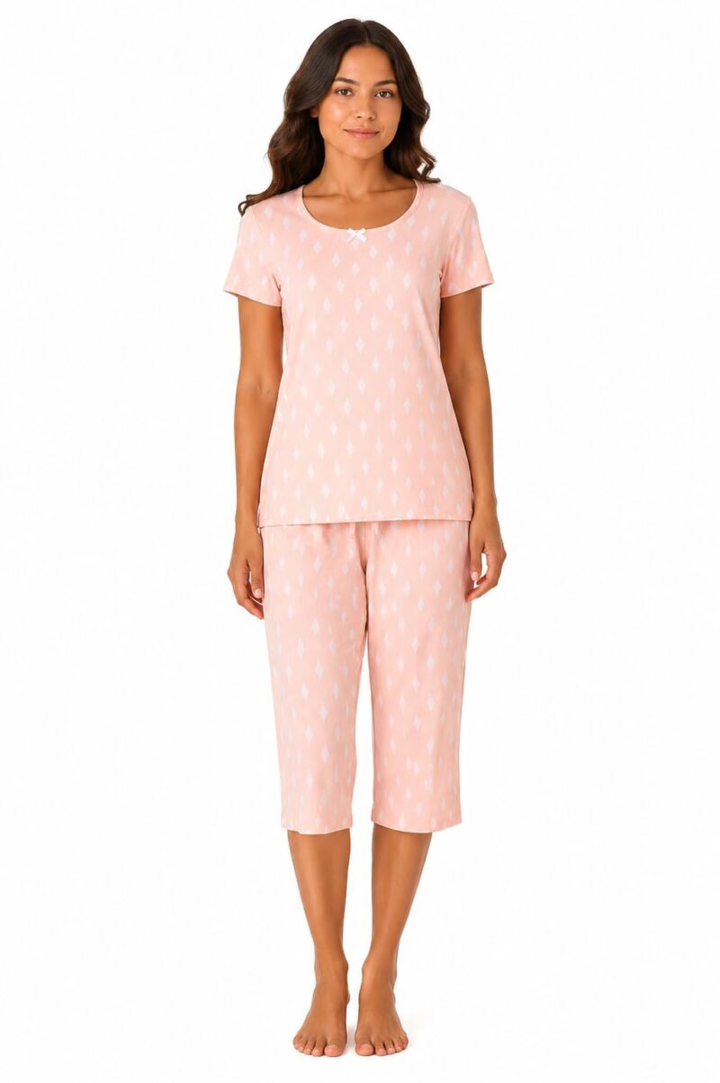 Evolove & Venus Pure Double Cloth Night Suit Set for Women | Printed Short Sleeve Sleep Top & Capri Pajama Set | Comfortable Nightwear Loungewear & Sleepwear Set | Light Peach XX-Large
