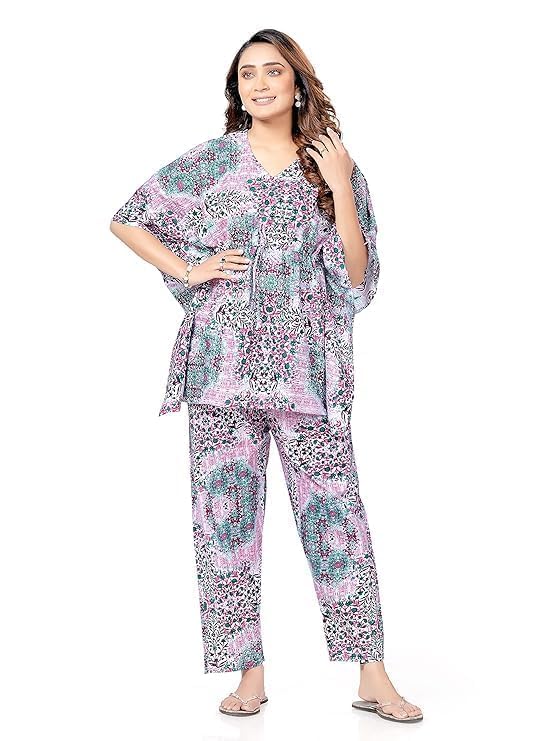 YIJIU Women’s 100% Cotton Printed Kaftan & Pyjama Set – 2-Pack Soft Cotton Loungewear Co-ord for Women, Free Size Nightwear with Pockets, Breathable & Comfortable Sleepwear (Green,Rani, Free Size) - Image 3