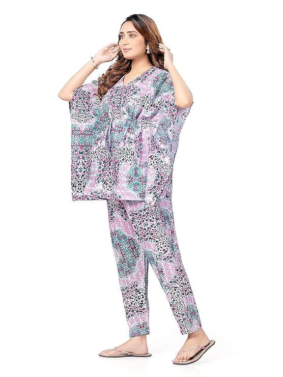 Senert Women's Cotton Printed Night Suit Kaftan Style Pyjama Co Ord Set for Women, Night Dress 2-Piece Outfits Pajama Wear - Free Size (Green, Free Size) - Image 4