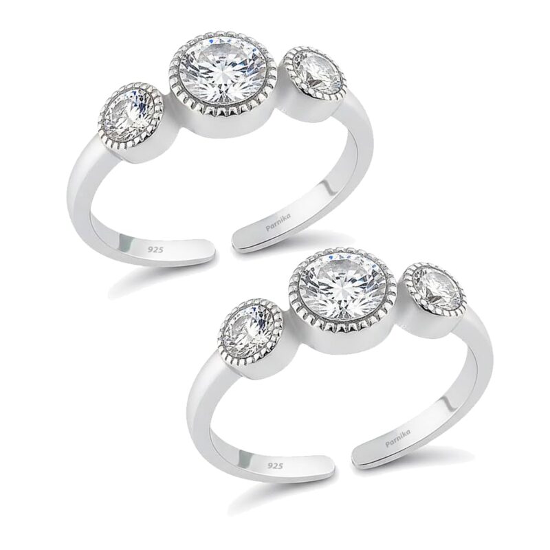 Parnika 925 Sterling Silver Toe Rings for Women | Adjustable Chandi Bichiya with CZ | Pure 92.5 Sterling Silver Leg Finger Rings | Everyday Wear | Certificate of Authenticity (3 CZ)