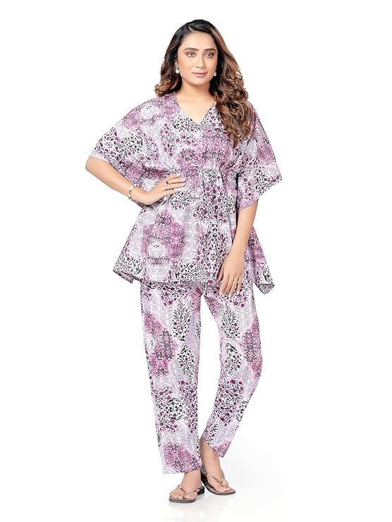 TOUT ENSEMLE Women's Cotton Multicolor Printed Kaftan Co Ord Set with Pocket – Free Size Relaxed Fit Loungewear | Soft & Breathable Nightwear for Home & Sleep (Rani, Free Size)