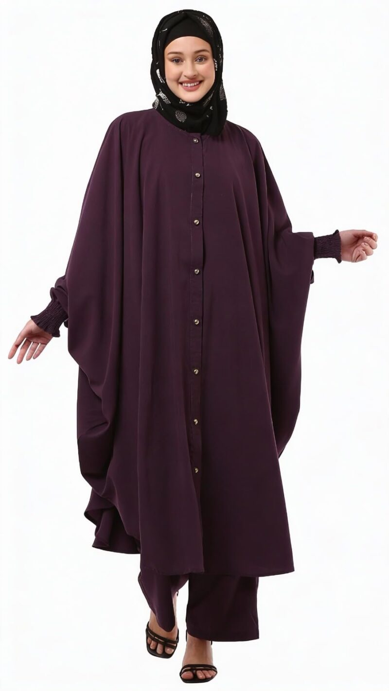 BT - Being Traditional Modest Co-Ord Set for Women - Loose Fit Front Open Free Size Kaftan Top with Trouser (Burgundy, Top: Free Size | Trouser: 2XL)