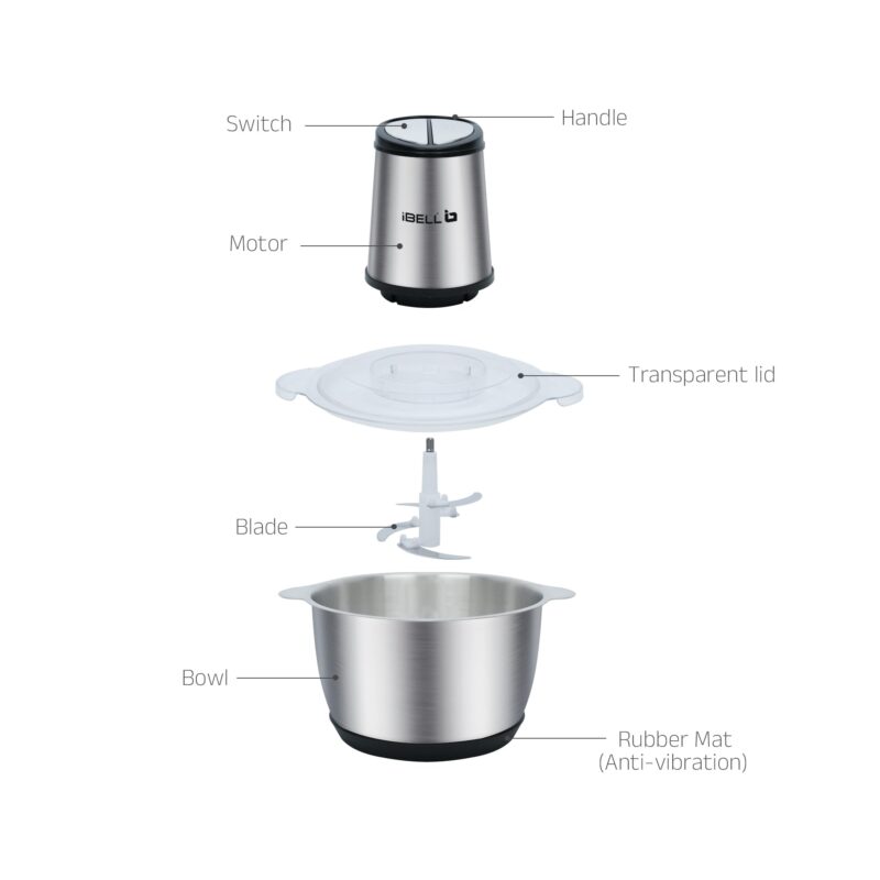 IBELL MT200SPRO Electric Chopper with 2-Yr Warranty, 700W Powerful Motor, 2L SS Bowl, Multipurpose Food Processor for Meat, Vegetables, Fruits & Nuts, with Garlic Peeler & Egg Whisker (Silver). - Image 8