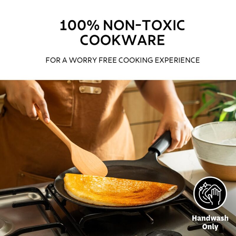TRAMONTINA TITANEX 24cm Pre-Seasoned Cast Iron Dosa Tawa | Flat Surface with Raised Edges | for Dosa, Uttapam, Cheela, Paratha | Induction & Gas Compatible | Non-Slip Handle - Image 2
