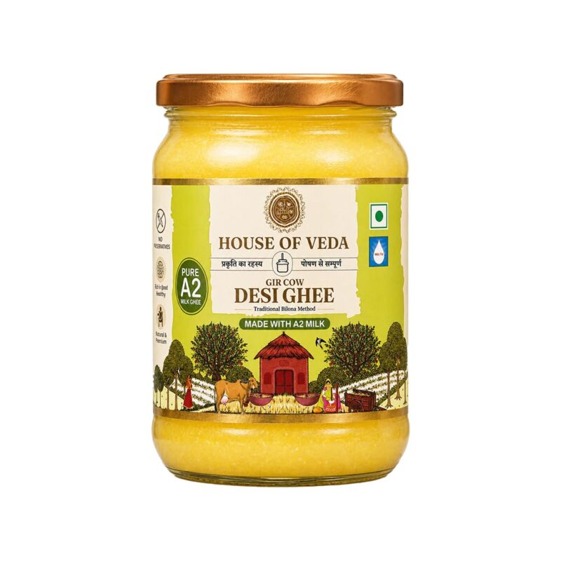 House of Veda A2 Cow Ghee 500ml | Pure Bilona Danedar Desi Ghee | Gir Cow A2 Ghee | Grass-Fed | Traditional Vedic Ghee | Glass Jar | Rich Aroma for Cooking, Rotis & Daily Wellness