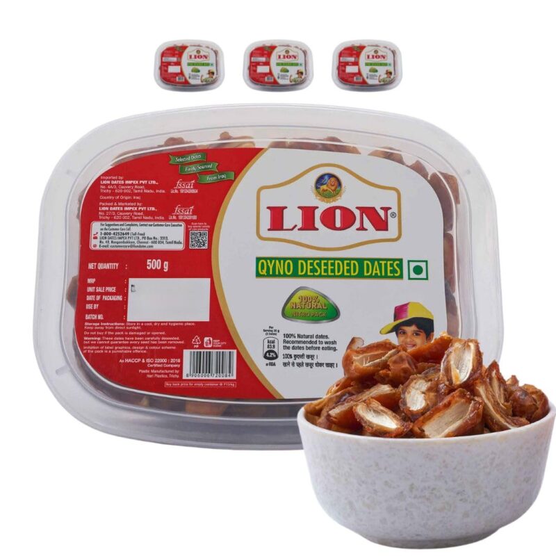 Lion Dates Qyno Deseeded Dates 1.5Kg (3 Packs, Each 500G) - Dry Fruits - Healthy & Nutritious Snack - Rich In Protein & Vitamins - Seedless Khajoor Or Khajur, Fresh