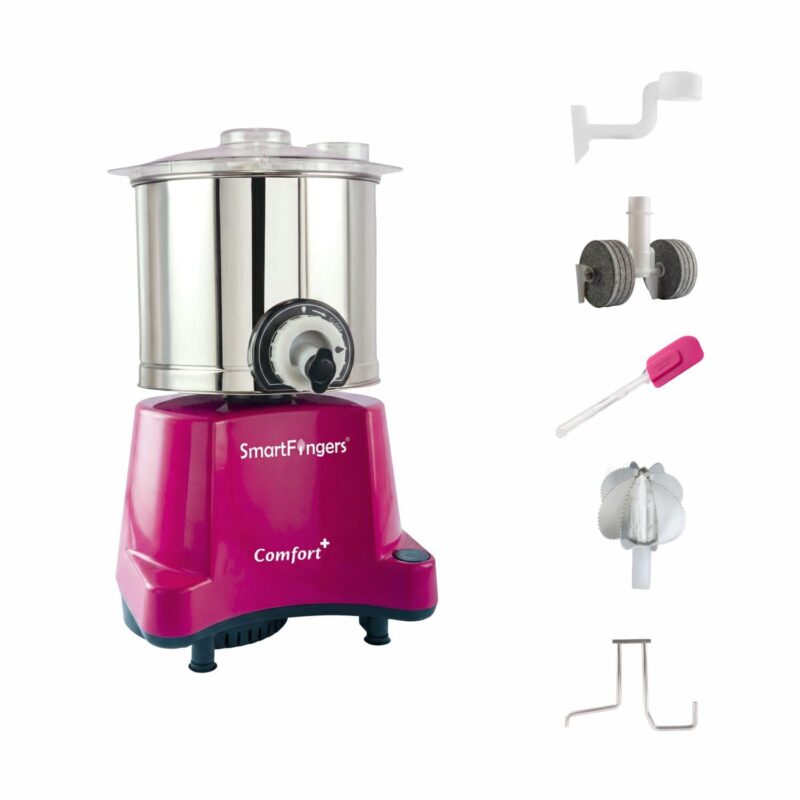 SmartFingers Comfort + Table Top Wet Grinder 230V, 2 Liter, Pink with Coconut Scrapper & Atta Kneader Attachment | Hands-Free Batter Dispenser | Top Wiper, 150W Motor | 5 Years Warranty | AISI 304