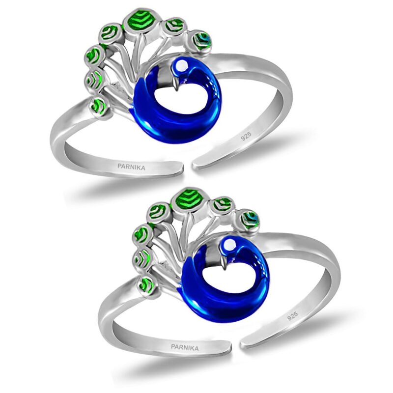 Parnika MJ Exuberant Colourful Peacock Design Toe Rings in Pure 92.5 Sterling Silver for Women | Chandi bichiya | With Certificate of Authenticity |