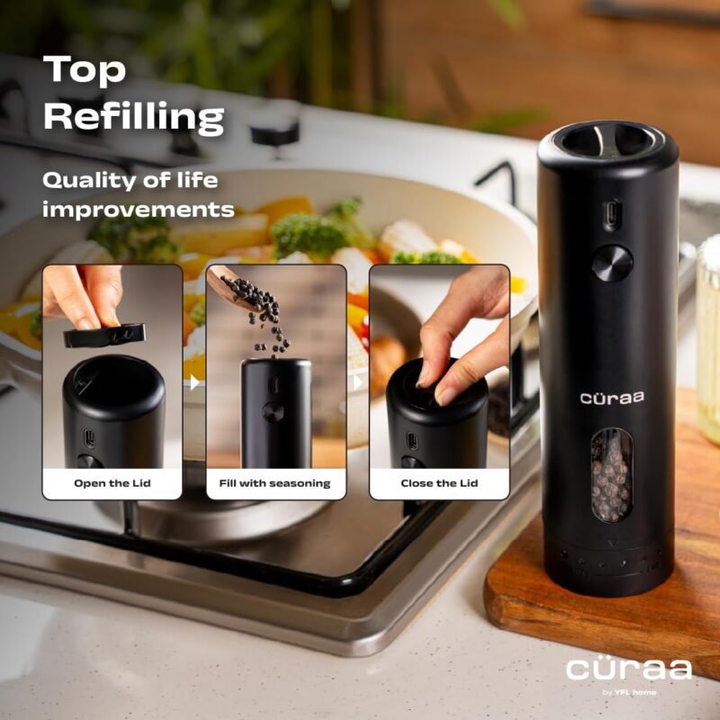 CÜRAA Electric Pepper Grinder with Adjustable Coarseness for Precision Seasoning | Rechargeable, One-Hand Operation | Automatic Pepper Mill for Kitchen | By Chef Sanjyot Keer - Image 8