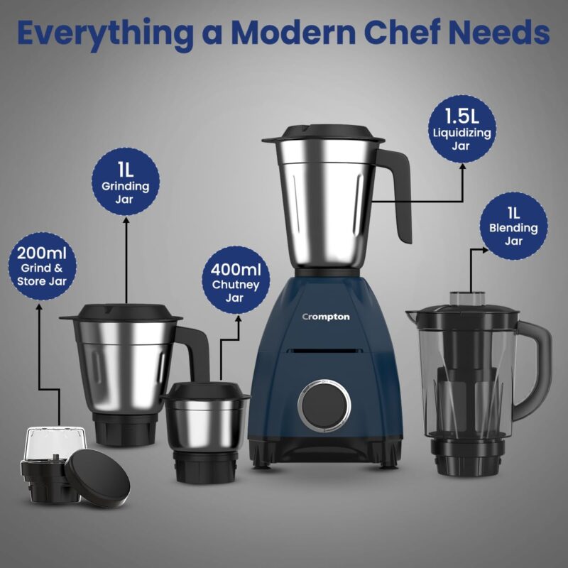 Crompton DX 750W Mixer Grinder with 5 Jars| 3 Stainless Steel Jars, 1 Blender Jar with Fruit Filter & 1 Grind & Store Jar | Powertron Motor | 2 Years Warranty - Image 9