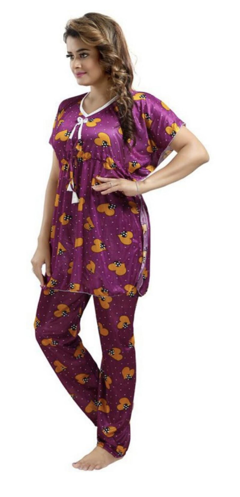 YAZIA Satin Kaftan Night Suit for Women - Kaftan Nighty - Printed Satin Night Suit Set for Women (Free Size, Wine) - Image 4