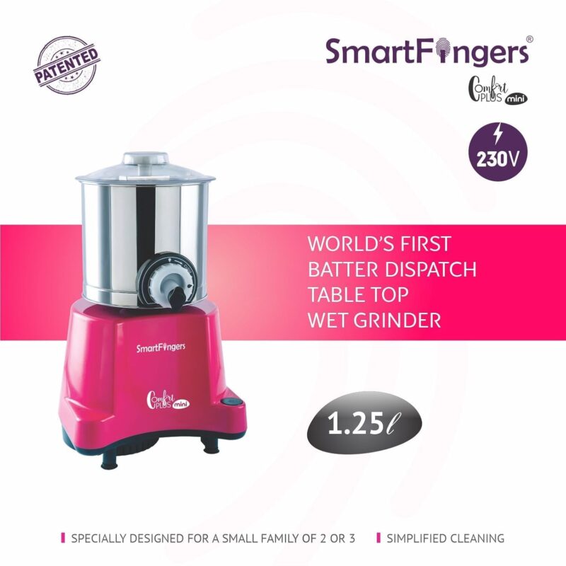 SmartFingers Comfort Plus Mini Table Top Wet Grinder 230v, 1.25 Liter, Pink | Hands-Free Batter Dispenser | Top Wiper, 120W Motor | 5 Years Warranty | AISI 304 Food-Grade SS Cylindrical Drum - Image 2