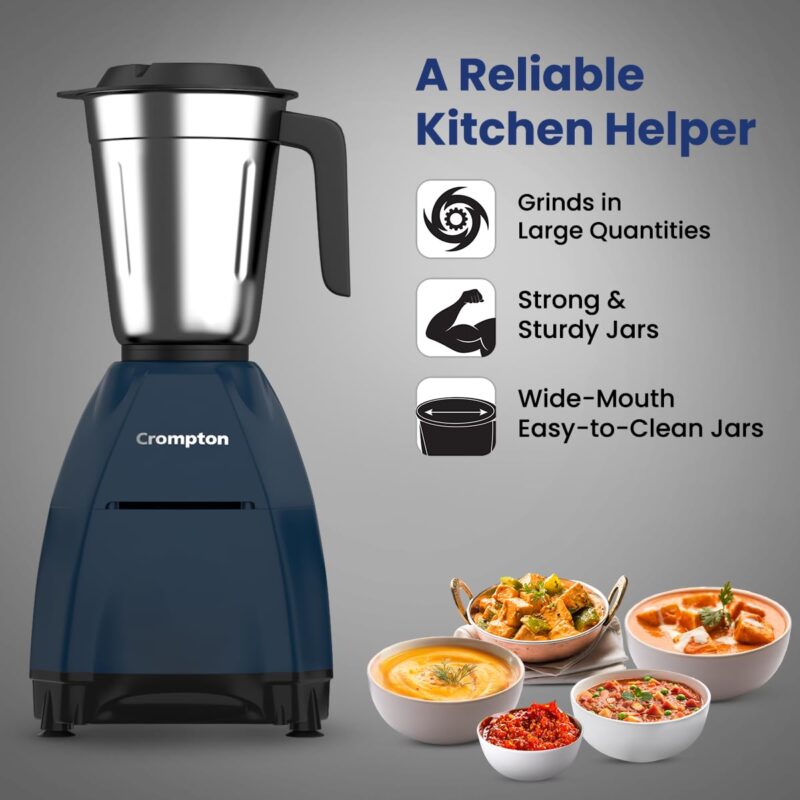 Crompton DX 750W Mixer Grinder with 5 Jars| 3 Stainless Steel Jars, 1 Blender Jar with Fruit Filter & 1 Grind & Store Jar | Powertron Motor | 2 Years Warranty - Image 6