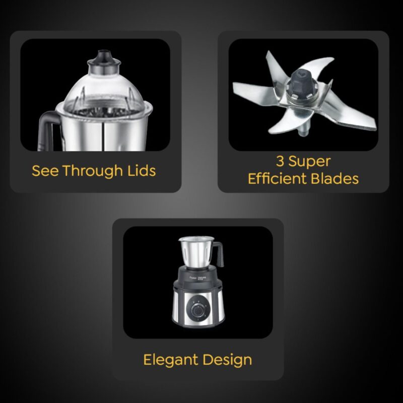 Prestige Endura 1000W Mixer Grinder with Ball Bearing Technology|Stainless Steel 3 Jars with Flow breakers|Overload protection|Black & Silver - Image 4