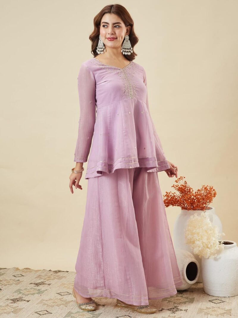 MOKOSH Women’s Lavender Silk Embroidery Peplum Kurta Sharara with Dupatta - Image 6