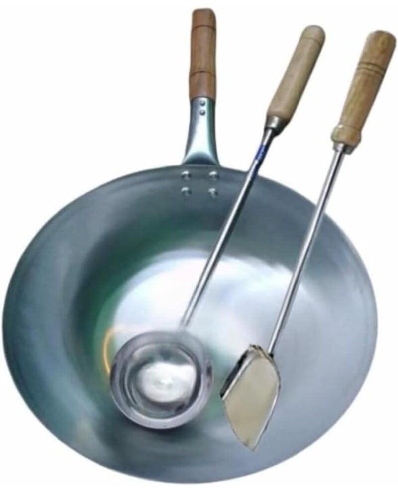 Chinese Kadai with Ladle & Turner for Noodles | Fried Rice Kadai with Strong Handle| Kadhai for Home/Commercial/Restaurant use| 100% Pure Iron Deep Fry Pan| Size- (12 Inch) Iron Utensils 1 Combo