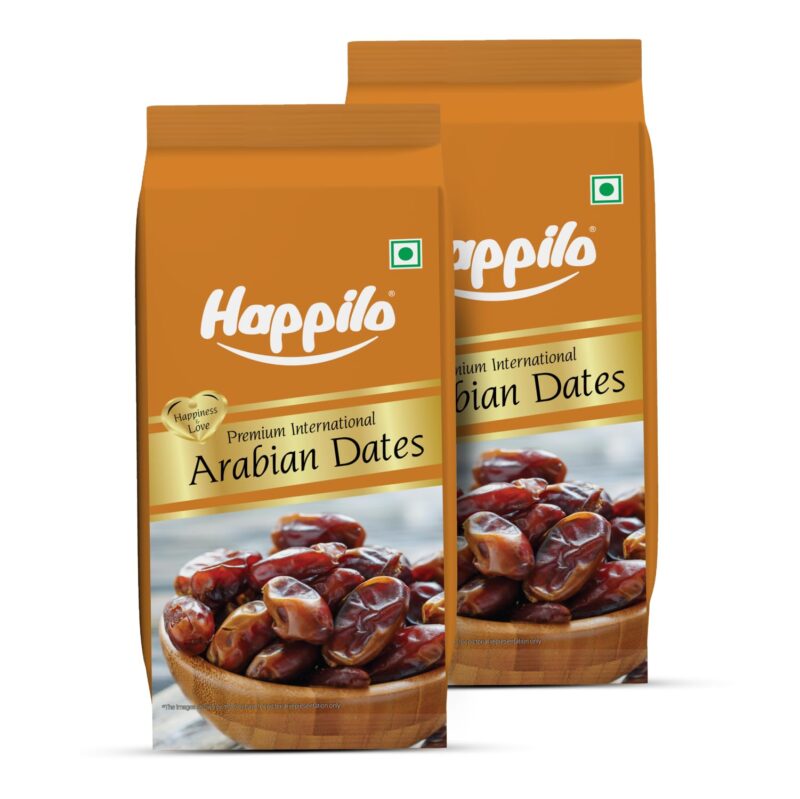 Happilo Premium Arabian Dates Pouch 500 g (Pack of 2) | Arab Khajur or Khajoor | 100% Naturally Dried | No added Preservatives | Vitamins & Minerals Rich | Soft Chewy Texture & Sweet Caramel Taste