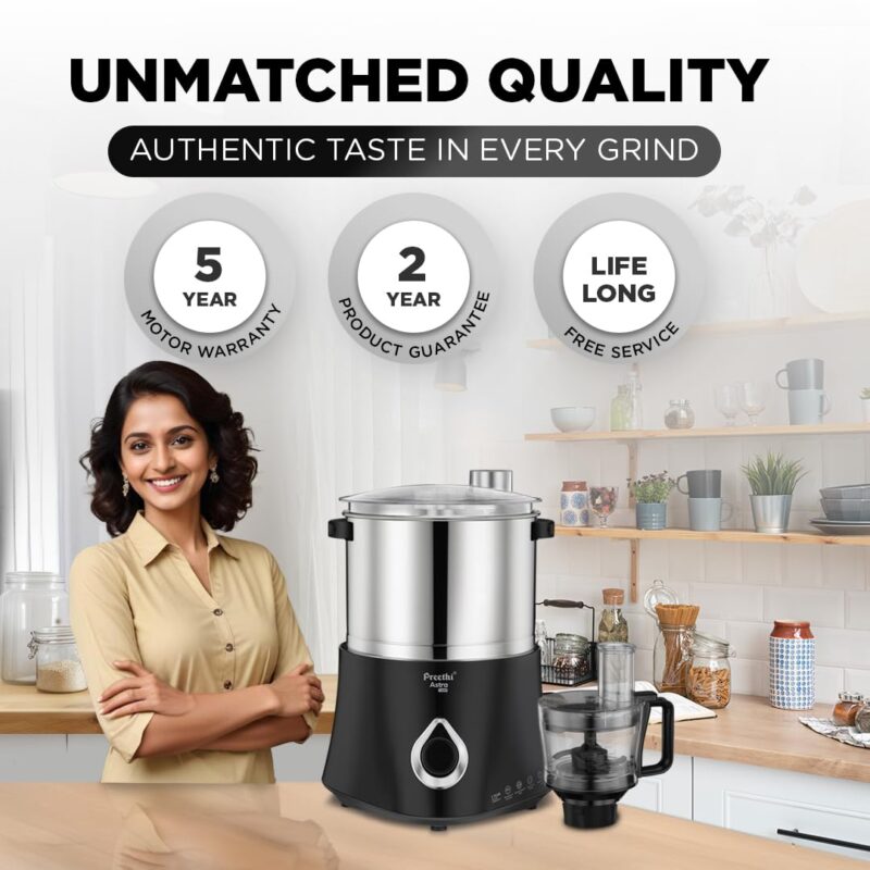 Preethi Stainless Steel Astra Expert Table Top Wet Grinder With Food Processor, 2 Liter (Black) 150 Watt - Image 6