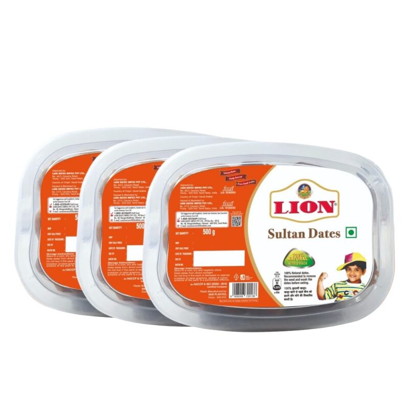 Lion Dates Sultan Dates 1.5Kg (3 Packs, Each 500G) - Dry Fruits - Healthy & Nutritious Snack - Rich In Protein & Vitamins - Seed Khajoor