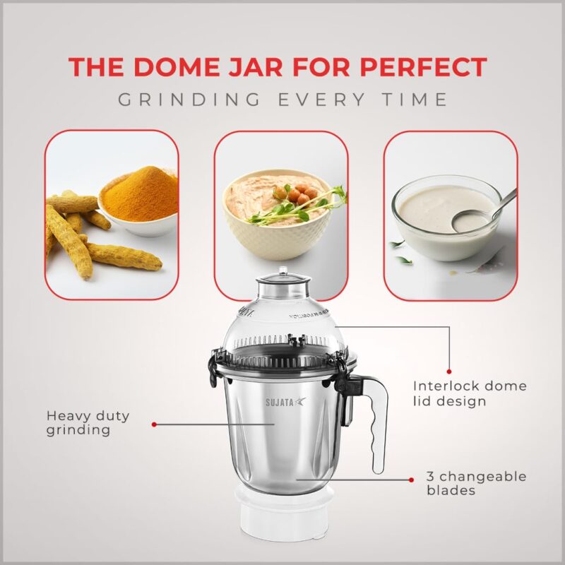 Sujata Dynamix 900 Watts Mixer Grinder | 22000 Rotations Per Min | 90 Minutes Continuous Running | 3 Versatile Jars 1500 ml, 1000 ml and 500 ml (White) - Image 4