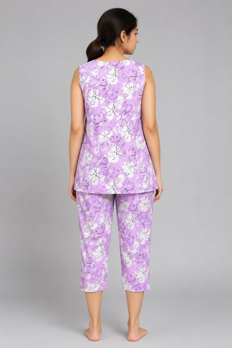 Evolove & Venus Pure Dobby Fabric Night Suit Set for Women | Printed Short Sleeve Sleep Top & Capri Pajama Set | Comfortable Nightwear Loungewear & Sleepwear Set | Purple Large - Image 2