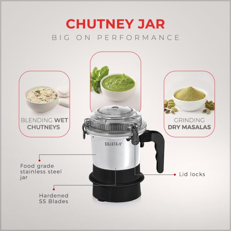 Sujata Dynamix Mixer Grinder|900 Watts Double Ball Bearing Motor|22000 RPM|Non-Stop 90 Mins Running|3 Food Grade Steel Jars - 1500ml Multipurpose, 1000ml Grinder, 500ml Chutney Jar|Black - Image 6