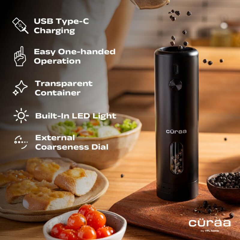 CÜRAA Electric Pepper Grinder with Adjustable Coarseness for Precision Seasoning | Rechargeable, One-Hand Operation | Automatic Pepper Mill for Kitchen | By Chef Sanjyot Keer - Image 9