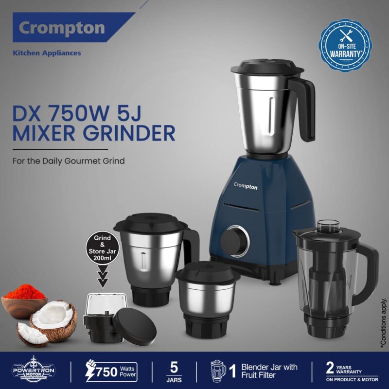 Crompton DX 750W Mixer Grinder with 5 Jars| 3 Stainless Steel Jars, 1 Blender Jar with Fruit Filter & 1 Grind & Store Jar | Powertron Motor | 2 Years Warranty - Image 2