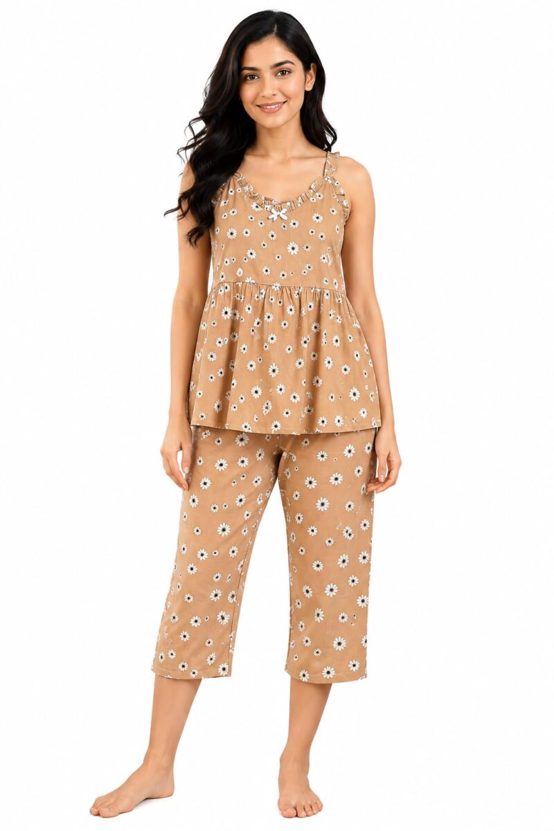Evolove x Venus Rayon Slub Floral Capri Pajama Set for Women | V-Neck Short Sleeve Top & Capri Pants | Night Suit, Light Beige, 2XL