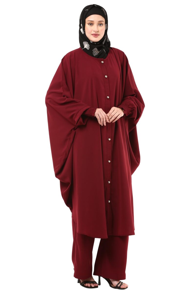 BT - Being Traditional Modest Co-Ord Set for Women - Loose Fit Front Open Free Size Kaftan Top with Trouser (Top: Free Size | Trouser: Large, Maroon) - Image 6