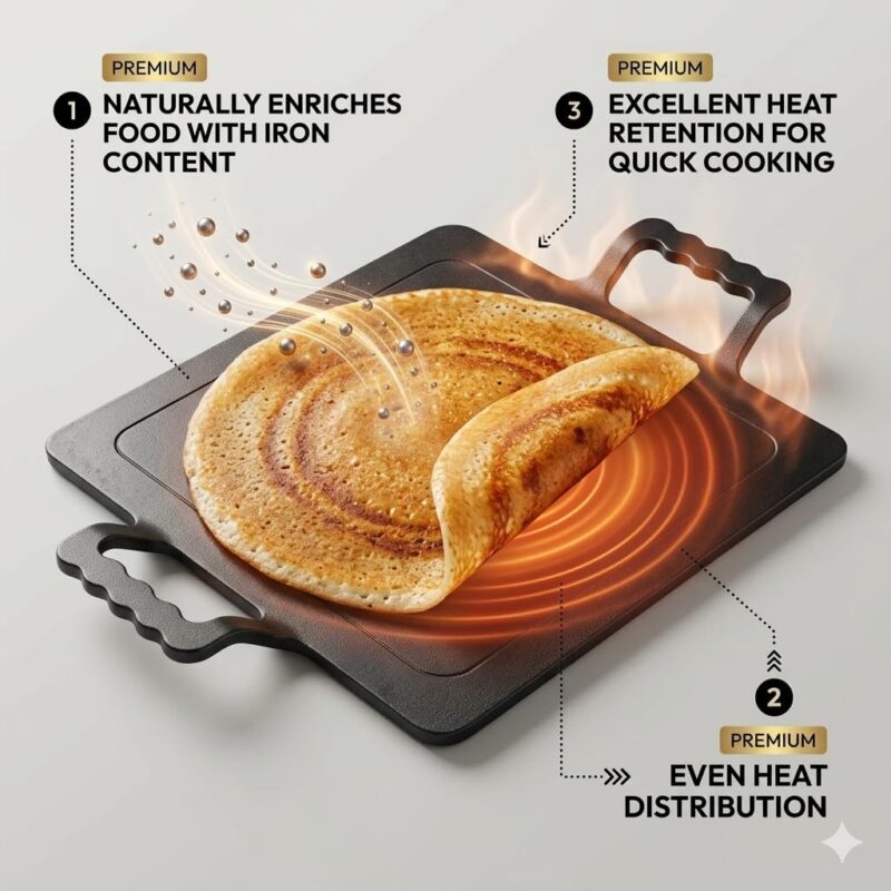 PRINA E-SHOP Iron Dosa Tawa with Free Spatula, No Chemical Coating, Flat Square Pan with Handle, Big Heavy Duty Tawa for Dosas, Roti, Chapati & Pathiri - 12 Inch (Black) - Image 4