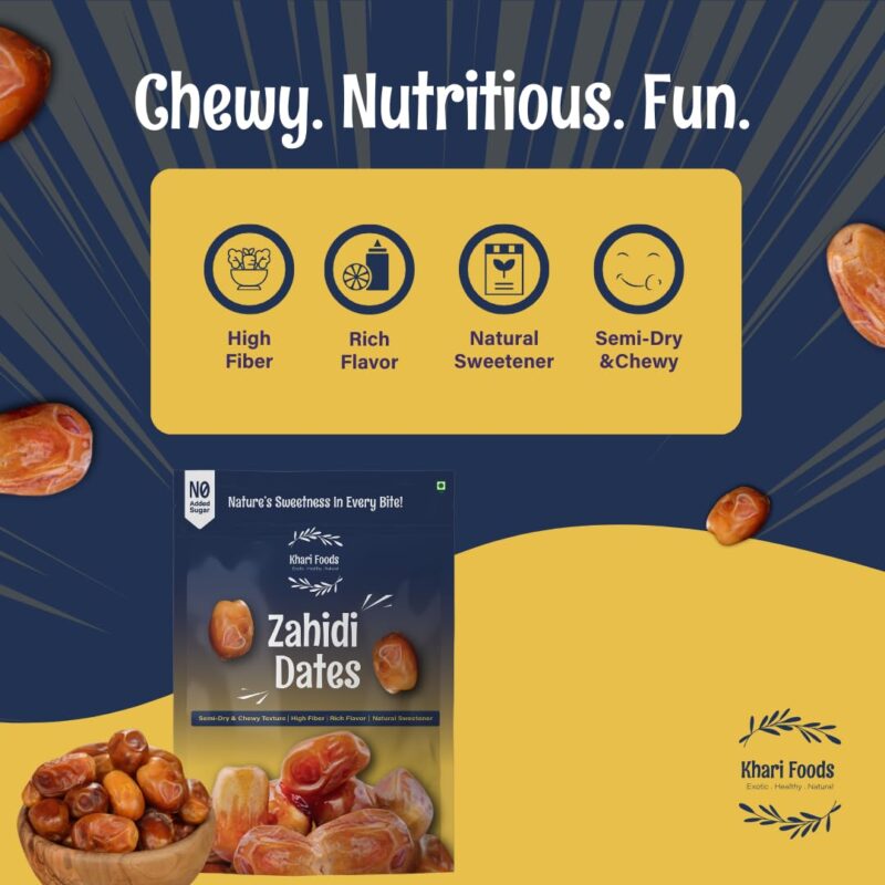 Khari Foods Premium Dried Zahidi Brown Dates, Khajur/Khajoor Dry Fruits, Energy Booster, High Fibre, Healthy Snacks (500g) - Image 4