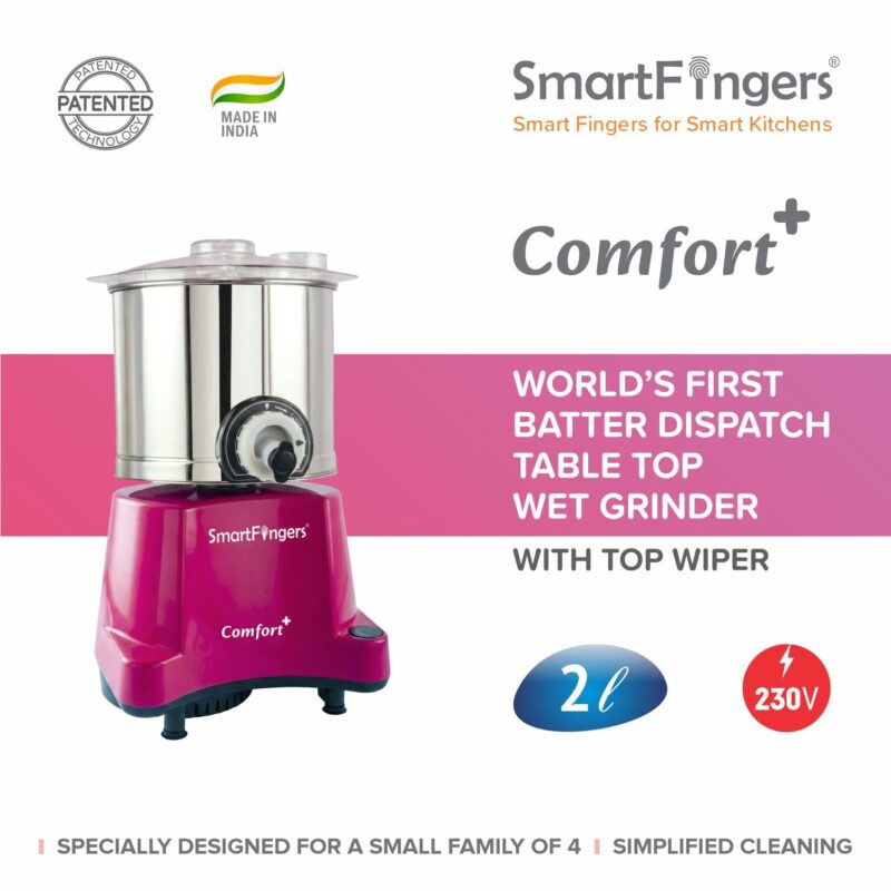 SmartFingers Comfort + Table Top Wet Grinder 230V, 2 Liter, Pink with Coconut Scrapper & Atta Kneader Attachment | Hands-Free Batter Dispenser | Top Wiper, 150W Motor | 5 Years Warranty | AISI 304 - Image 3