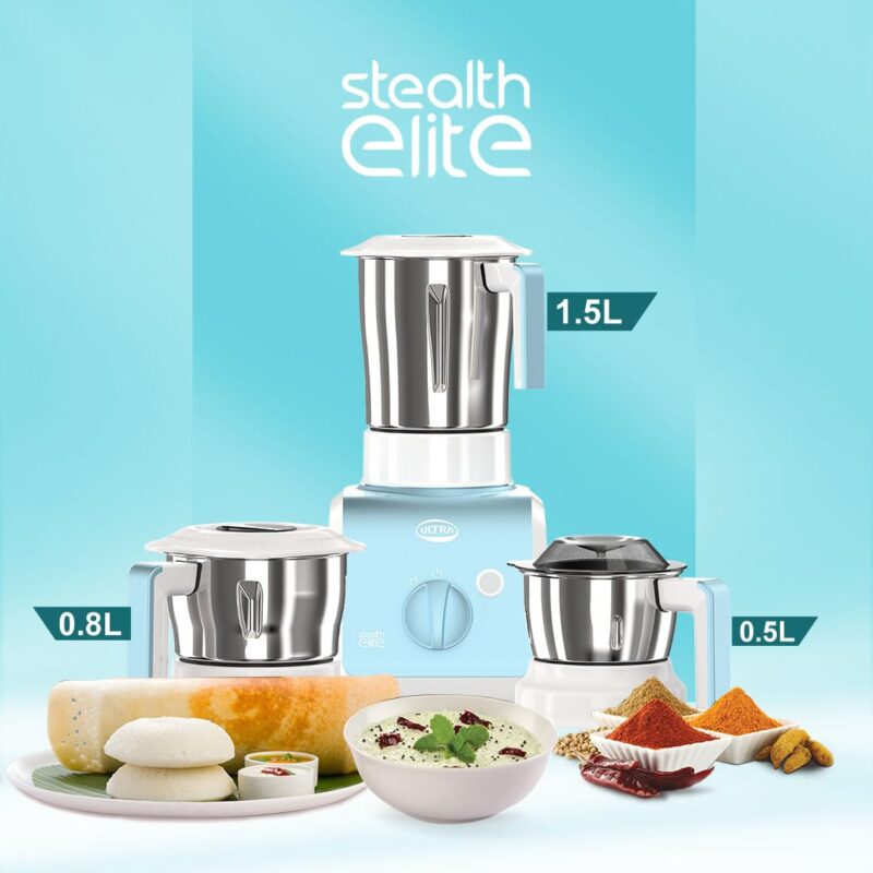 Stealth Elite MixerGrinder,750W,AISI304 FoodGradeSSJars &Blades,Serrated Stainless Steel Blades,ABS Body,3Jars Small (0.5L),Medium (0.8L), Large(1.5L),5Year MotorWarranty(Granite Black) (SKY BLUE) - Image 8