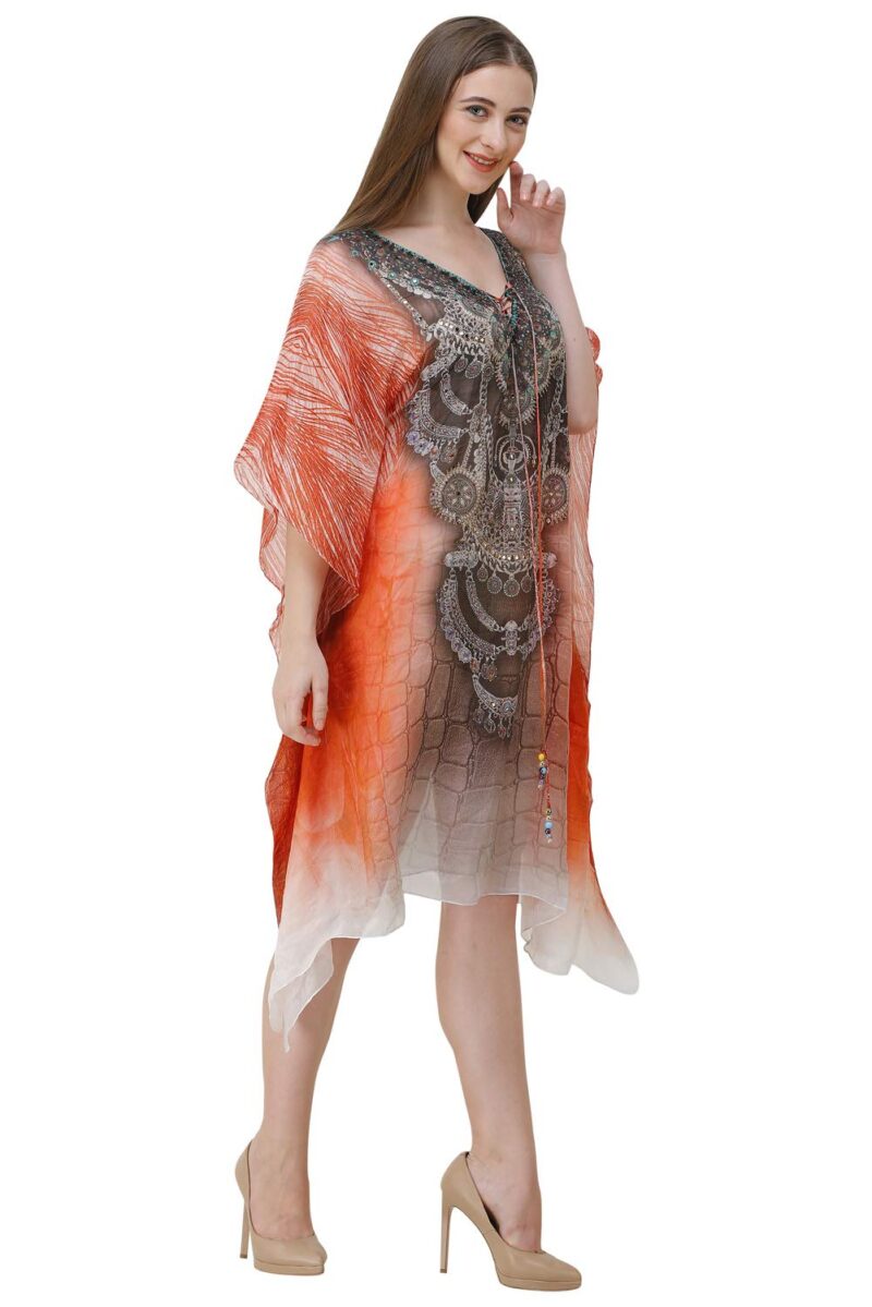 CURVSHAPE Short Orange Digital Printed Colorful Kaftans | Crepe Kaftan | Vacation Wear | Beach Wear | Coverups | Kaftan Dress | for Women | Free Size [M-3XL] - Image 4