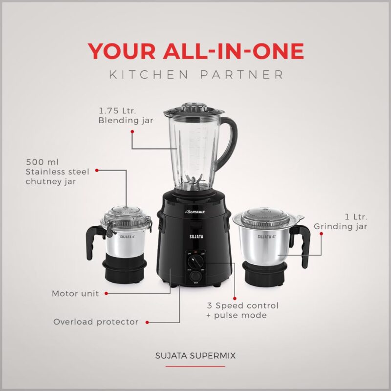 Sujata Supermix Mixer Grinder | 900 Watts Double Ball Bearing Motor | 22000 RPM | Non-Stop 90 Mins Running | 3 Jars including 1750ml Blender, 1000ml Grinder, 500ml Chutney Jar | Black - Image 2
