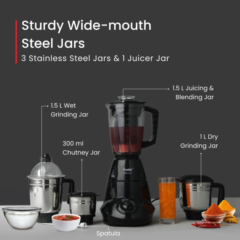 Prestige Iris 750 Watt Mixer Grinder with 4 Jars (3 Stainless Steel + 1 Juicer) | Super Efficient SS Blades | Black | 2Y Warranty | ISI Certified - Image 2