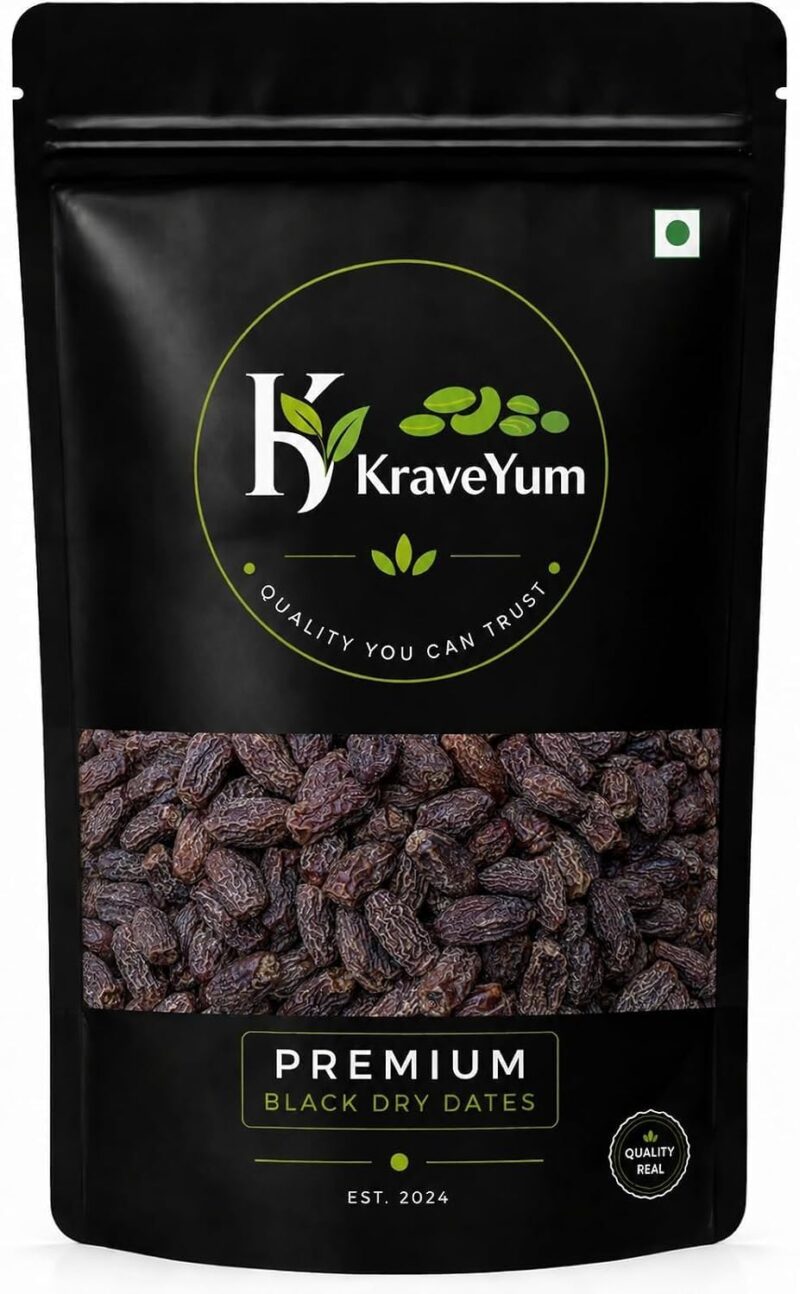 KRAVEYUM Organic Black Dry Dates| Premium Sukha Khajoor | Kala Chuara | Kharik 1 kg, Healthy snacks, Dry fruits 900gm | Pouch Pack