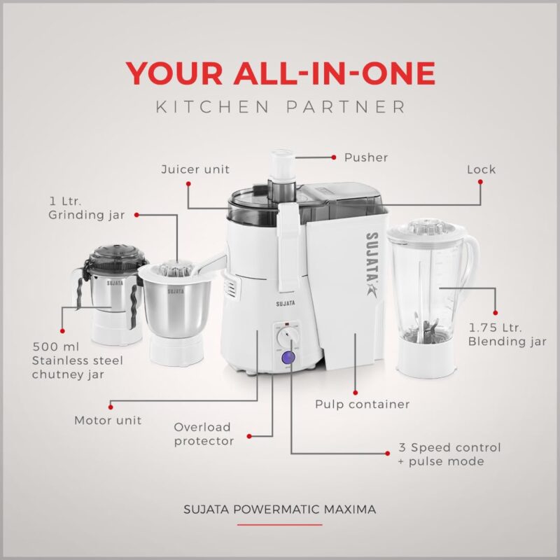 Sujata Powermatic Maxima Juicer Mixer Grinder|900 Watts Double Ball Bearing Motor|22000 RPM|Non-Stop 90 Mins Running|3 Jars including 1750ml Blender, 1000ml Grinder, 500ml Chutney Jar| (White) - Image 2