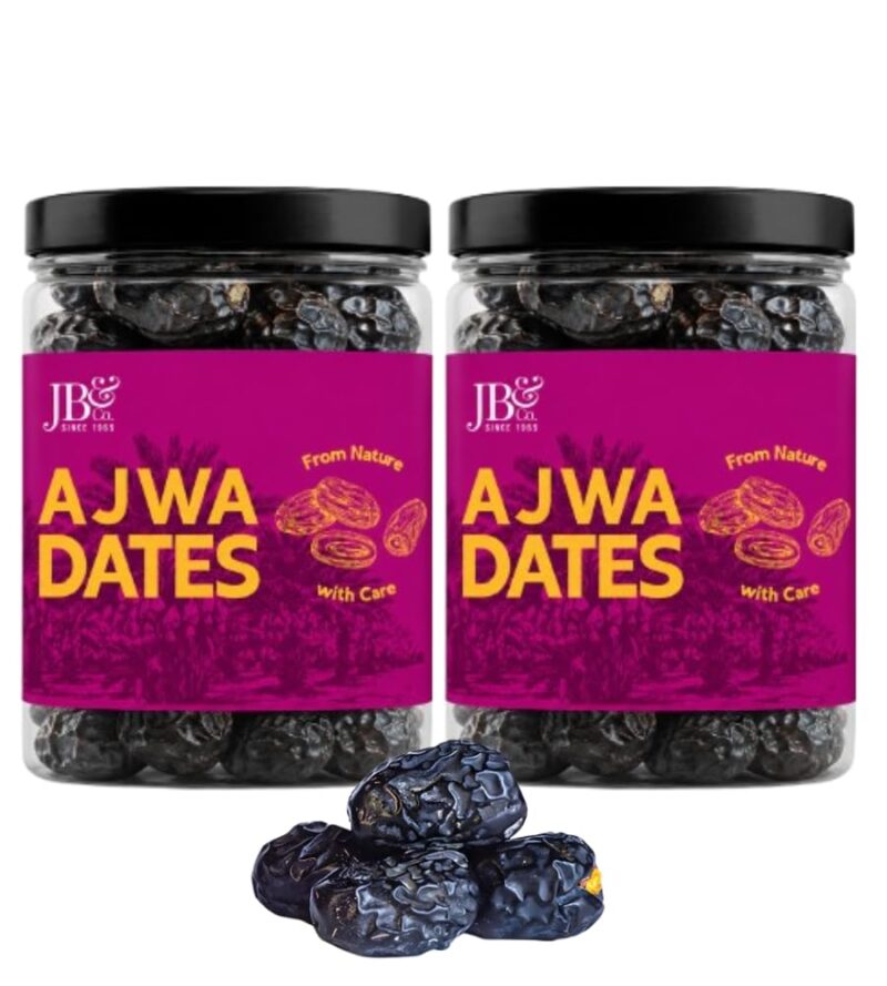 JB&CO Premium Ajwa Dates1kg JARS | Imported from Holy city of Madina | Soft, Natural, No Added Sugar | Rich in Fiber, Iron & Energy Dry Fruits | original imported dates, JARS of 500g x 2