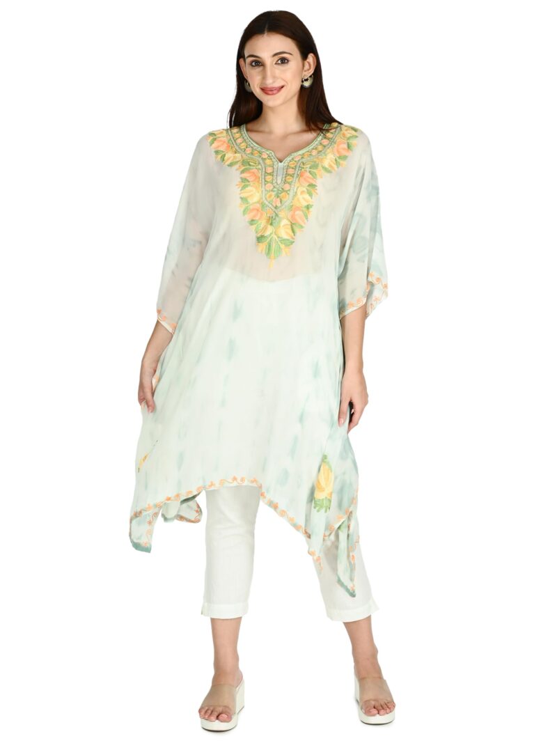 TVAREETAZ Women Kashmiri Shibori Georgette Kaftan, Printed Pattern, Lightweight Fabric, Free Size, Relaxed Fit (TAZ110) Multicolour - Image 3