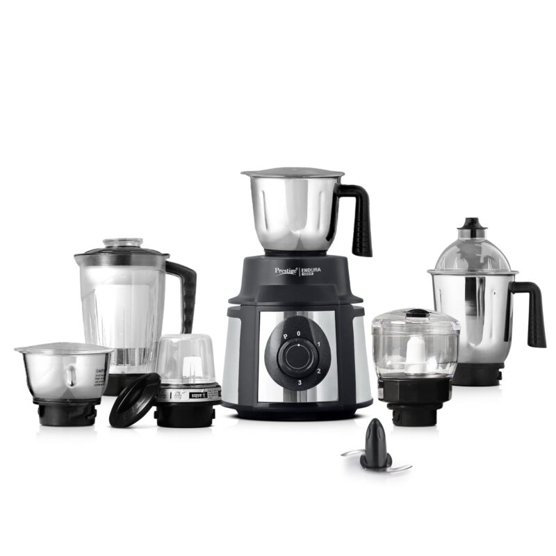 Prestige Endura 1000 Watt Mixer Grinder with 6 Jars | Heavy-Duty Ball Bearing Motor | 3 Stainless Steel Jars + 1 Juicer + 1 Mix-O-Keep + 1 Multi-Utility | SS Baldes | Black | 5Y Motor Warranty