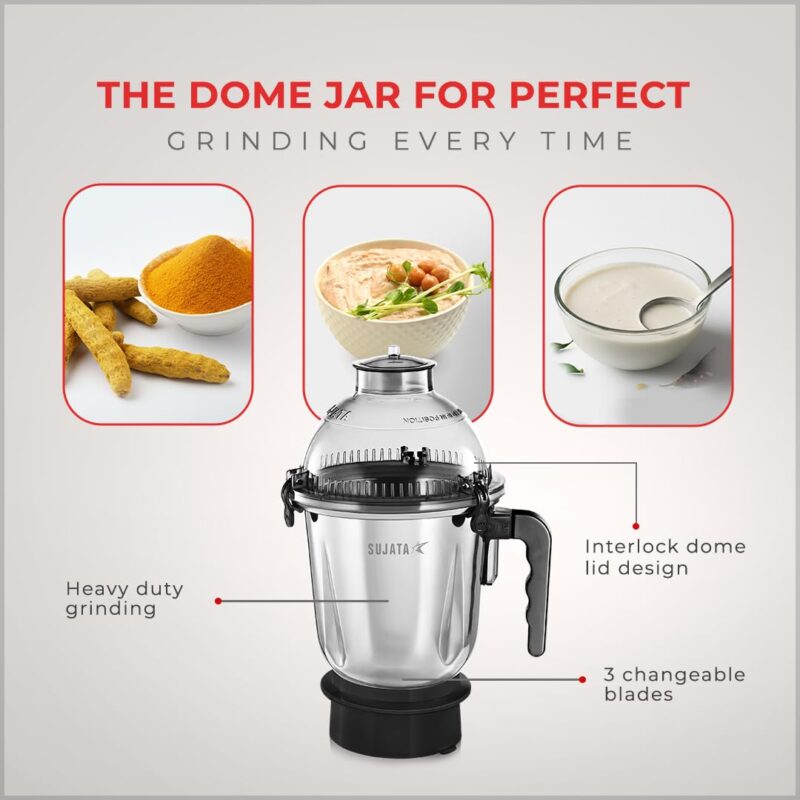 Sujata Dynamix Mixer Grinder|900 Watts Double Ball Bearing Motor|22000 RPM|Non-Stop 90 Mins Running|3 Food Grade Steel Jars - 1500ml Multipurpose, 1000ml Grinder, 500ml Chutney Jar|Black - Image 4