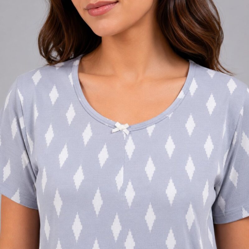 Evolove & Venus Pure Double Cloth Night Suit Set for Women | Printed Short Sleeve Sleep Top & Capri Pajama Set | Comfortable Nightwear Loungewear & Sleepwear Set | Light Grey Large - Image 4