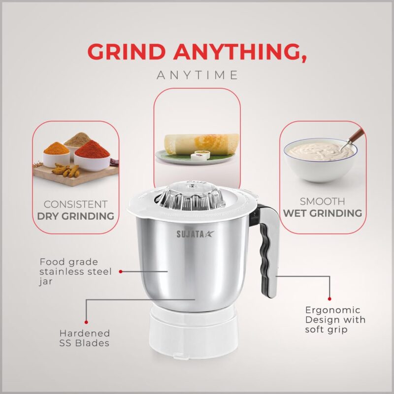 Sujata Powermatic Maxima Juicer Mixer Grinder|900 Watts Double Ball Bearing Motor|22000 RPM|Non-Stop 90 Mins Running|3 Jars including 1750ml Blender, 1000ml Grinder, 500ml Chutney Jar| (White) - Image 6
