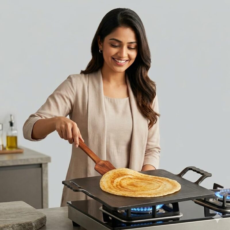PRINA E-SHOP Iron Dosa Tawa with Free Spatula, No Chemical Coating, Flat Square Pan with Handle, Big Heavy Duty Tawa for Dosas, Roti, Chapati & Pathiri - 12 Inch (Black) - Image 2