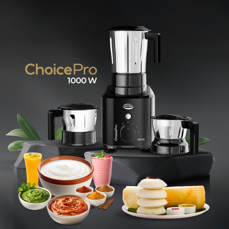 Ultra Choice Pro Mixer Grinder, Fast & Heavy-Duty 1000W, 3 SS Jars - Black - Image 9